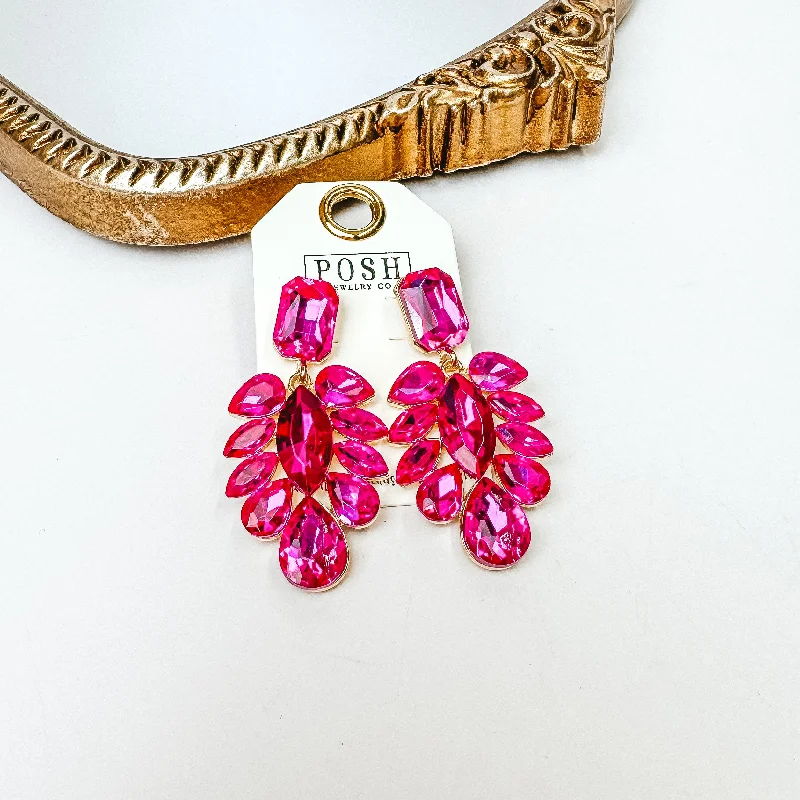 Women’s geometric earrings-Posh by Pink Panache | Gold Tone Crystal Teardrop Statement Earrings in Fuchsia Pink