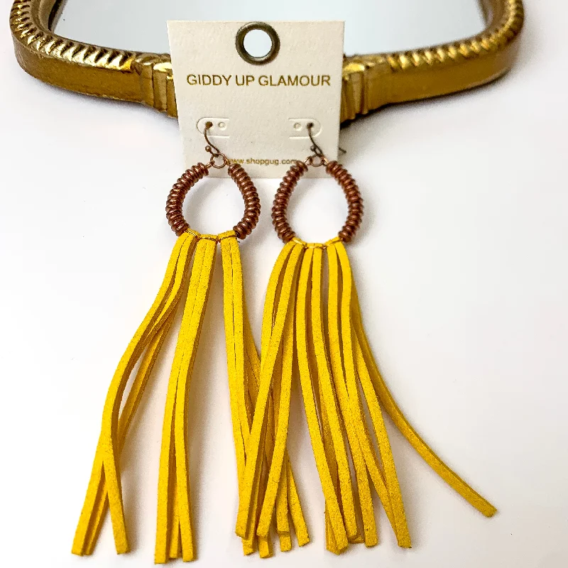 Women’s vintage-inspired earrings-Copper Tone Metal Disk Beaded Teardrop Earrings with Yellow Faux Leather Tassels