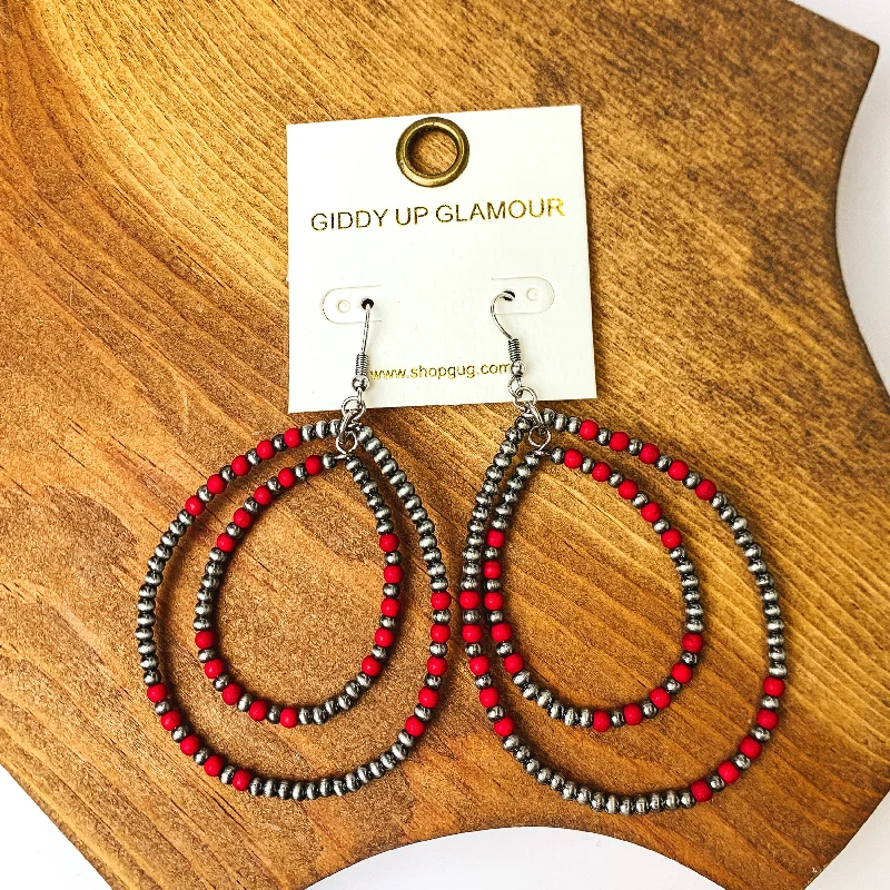 Women’s rose gold earrings-Beaded Open Double Drop Earrings in Silver Tone and Red