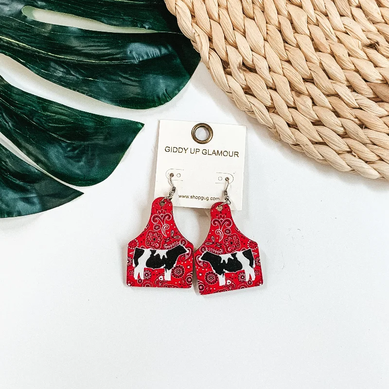 Women’s stud pearl earrings-Wooden Cattle Tag in Red Paisley