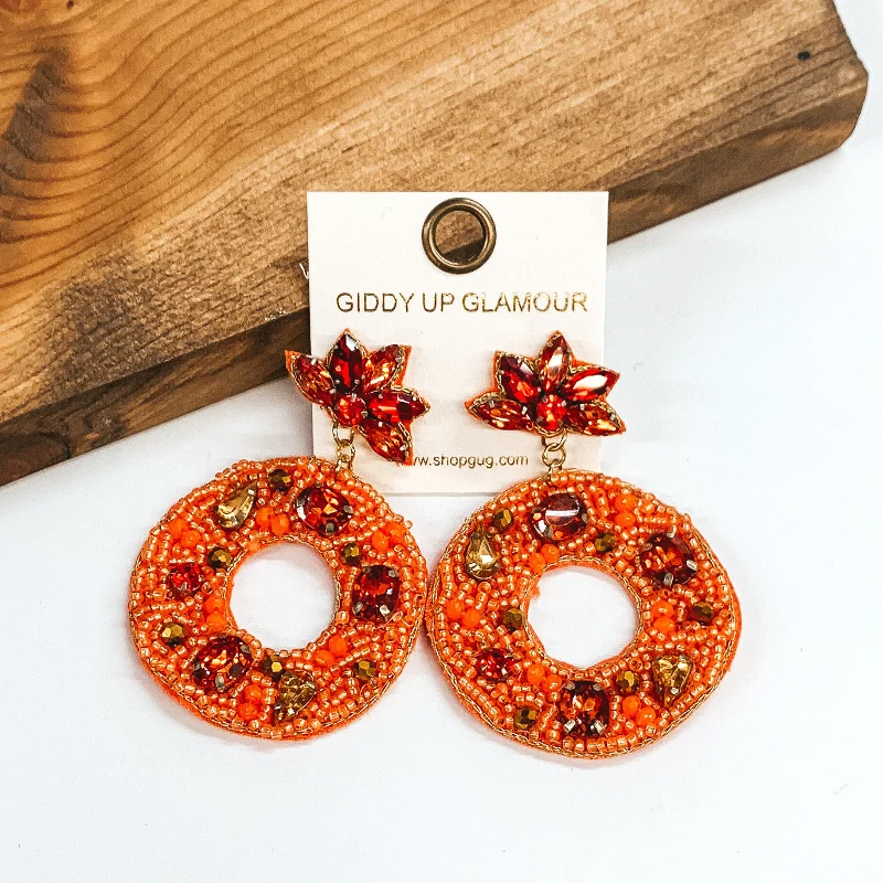 Women’s cute earrings-Crystal Beaded Fall Wreath Earrings in Orange