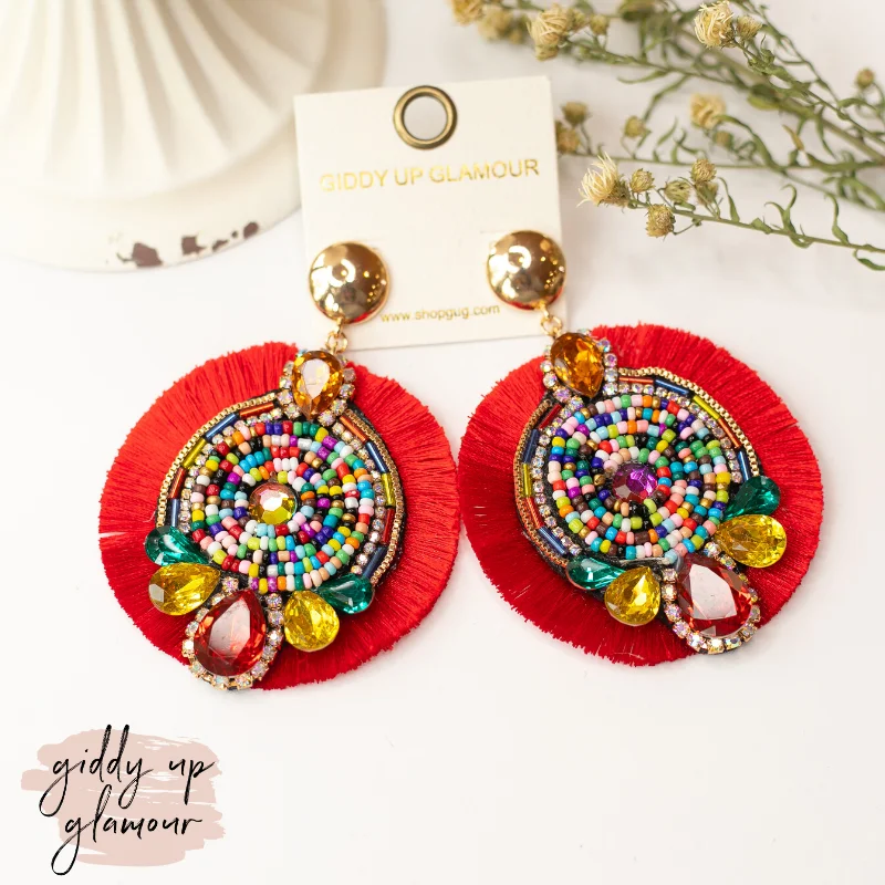 Women’s chandelier earrings-Fancy Fan Circle Beaded and Crystal Earrings in Red