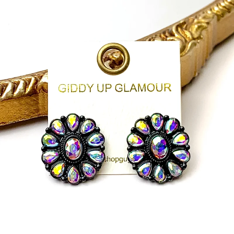 Women’s silver hoop earrings-Prismatic Petal AB Stone Flower Concho Stud Earrings in Black