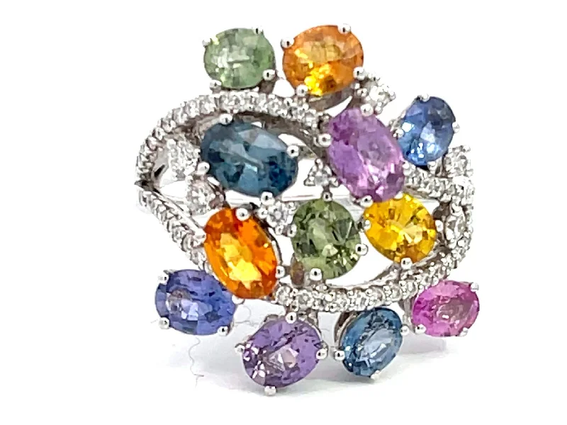 Women’s birthstone engagement rings-MultiGem and Diamond Cocktail Ring in 18k White Gold