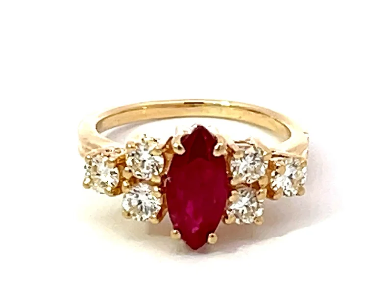 Women’s statement gemstone rings-Vintage Marquise Ruby and Diamond Band Ring in 14k Yellow Gold