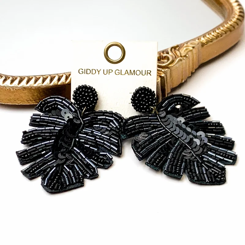 Women’s ear cuffs-Beaded Palm Leaf Statement Earrings in Black