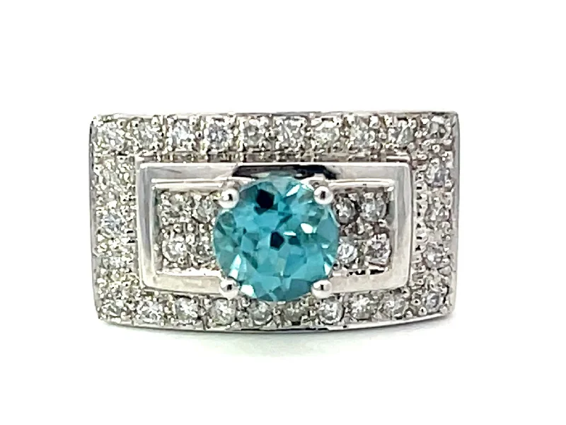 Women’s simple rings-Natural Blue Zircon and Diamond Rectangular Ring in Platinum