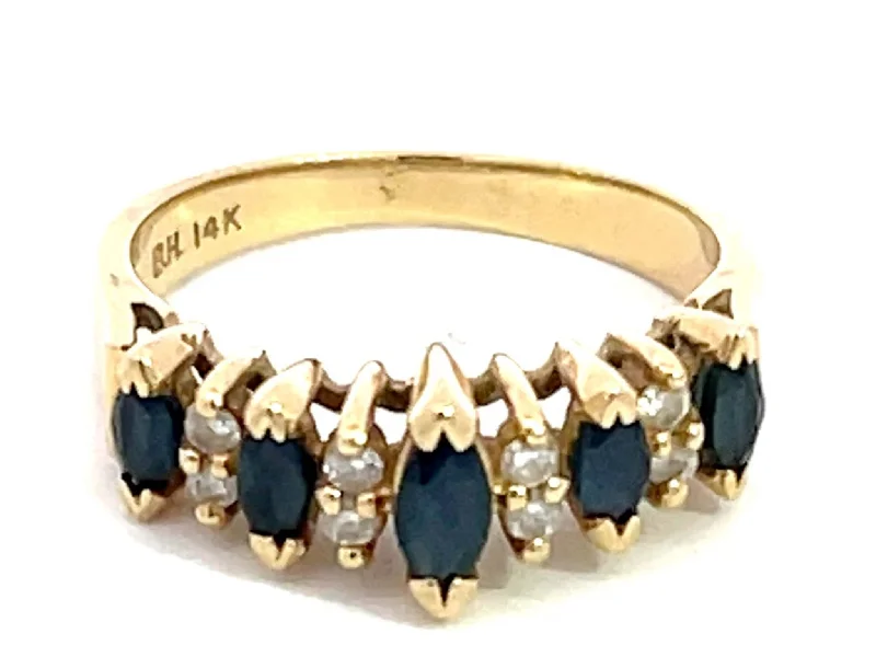 Women’s silver band rings-Marquise Blue Sapphire and Diamond Band Ring in 14k Yellow Gold