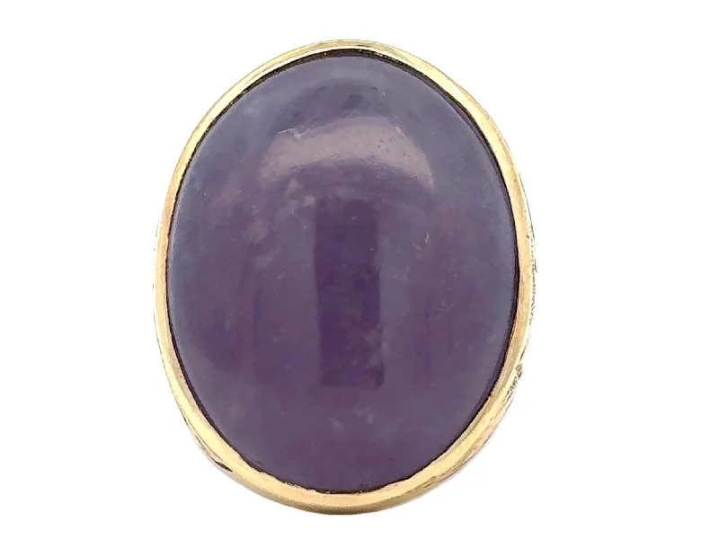 Women’s high-end rings-90 Carat Mens Purple Jade Cabochon Ring 14k Yellow Gold