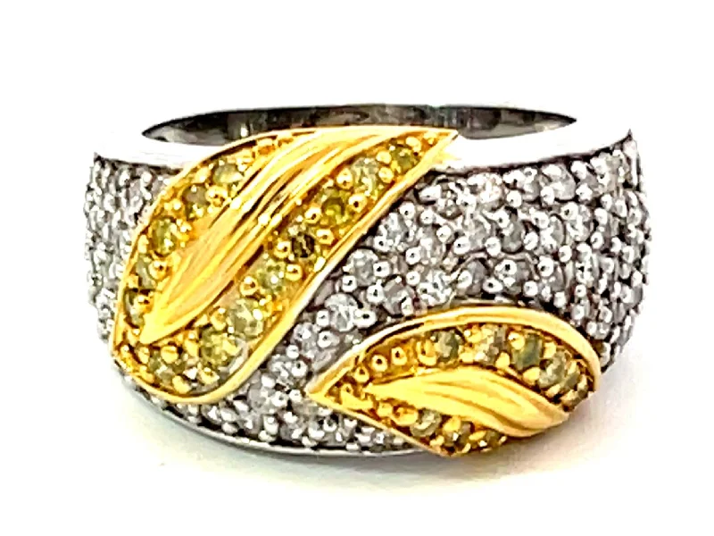 Women’s gold diamond rings-White and Fancy Yellow Diamond Leaf Dome Ring in 14k White Gold