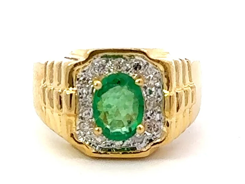 Women’s rose gold engagement rings-Oval Green Emerald and Diamond Halo Rolex Shoulders Ring 18k Yellow Gold