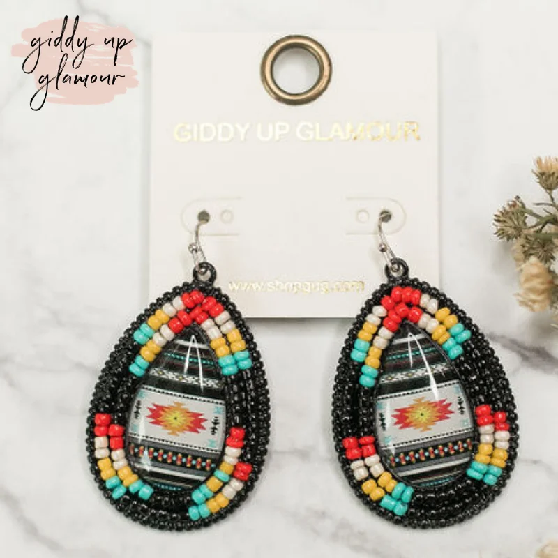 Women’s diamond hoop earrings-Beaded Aztec Teardrop Earrings in Black