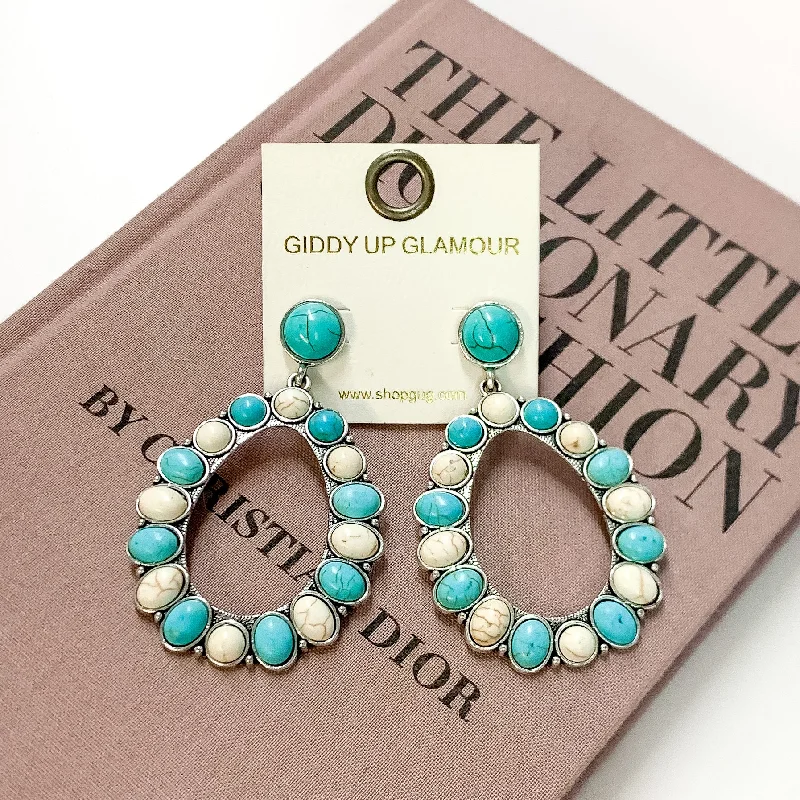 Women’s luxury hoop earrings-Circle Post Earrings and Open Teardrop Pendant with Turquoise Blue and White Stones