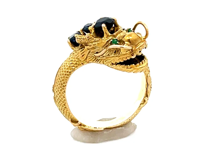 Women’s sapphire eternity rings-Chinese Dragon Wraparound Ring with Sapphires & Emerald Eyes in 14k Yellow Gold