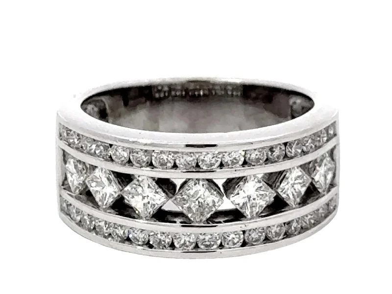 Women’s halo rings-Princess Cut and Brilliant Cut Wide Diamond Band Ring 14k White Gold