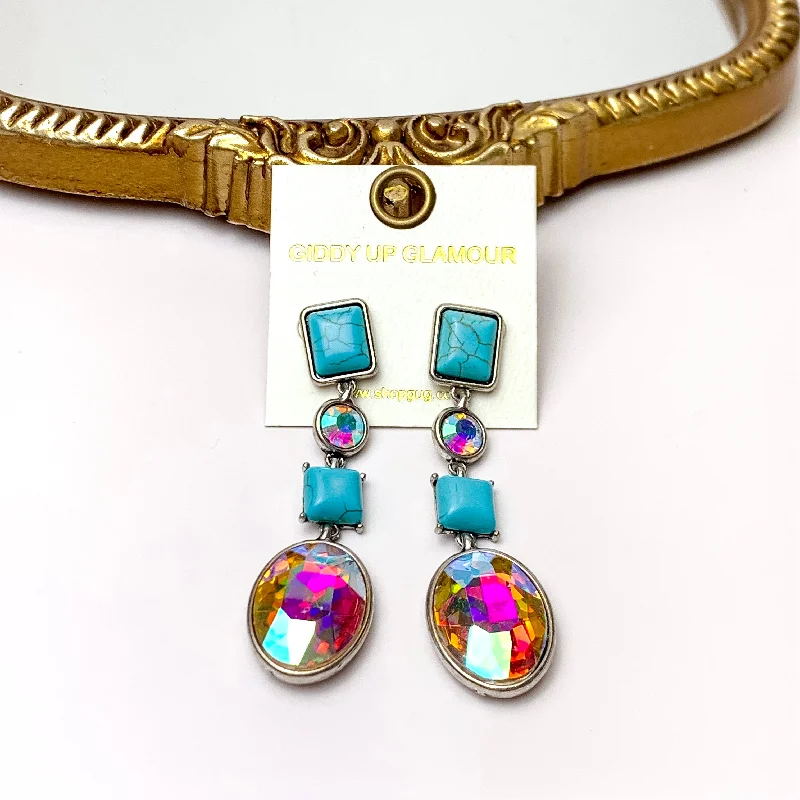 Women’s sparkling earrings-4 Tier Rectangle Post Faux Turquoise and AB Crystal Dangle Earrings