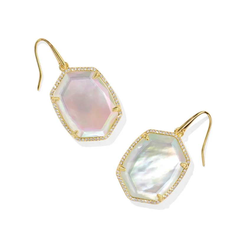 Women’s opal earrings-Kendra Scott | Daphne Pave Frame Gold Drop Earrings in Iridescent Ivory Illusion