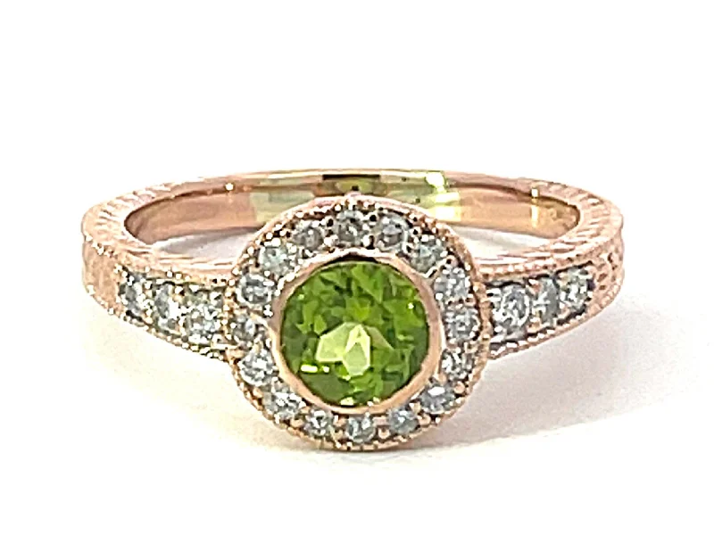 Women’s adjustable diamond rings-Round Green Peridot and Diamond Halo Ring in 14k Pink Gold