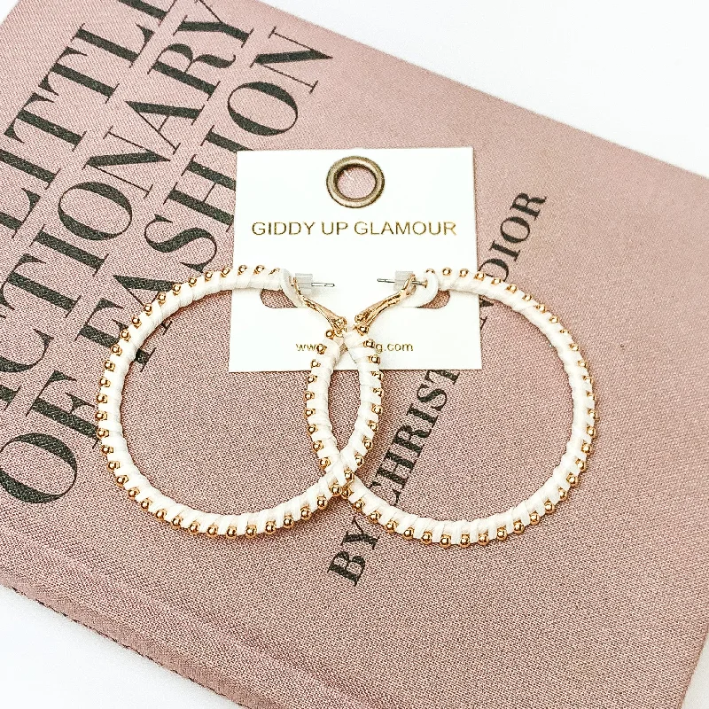 Women’s silver chandelier earrings-Circle Gold Tone Beaded Hoop Earrings in Ivory