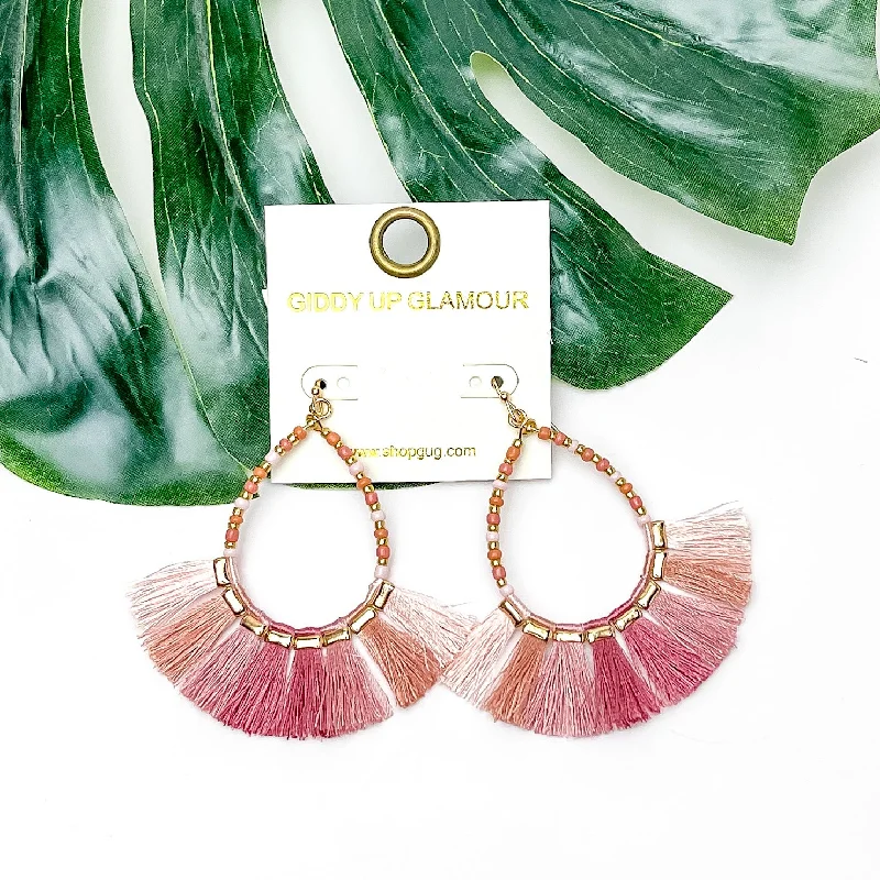 Women’s double-drop earrings-Beaded Open Teardrop Earrings With Fringe Bottom in Pink Tones