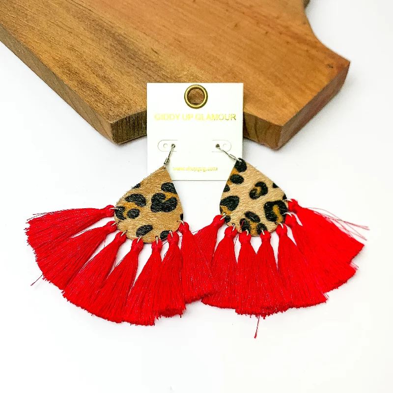 Women’s luxury gold earrings-Leopard Teardrop Earrings with Tassel Trim in Red