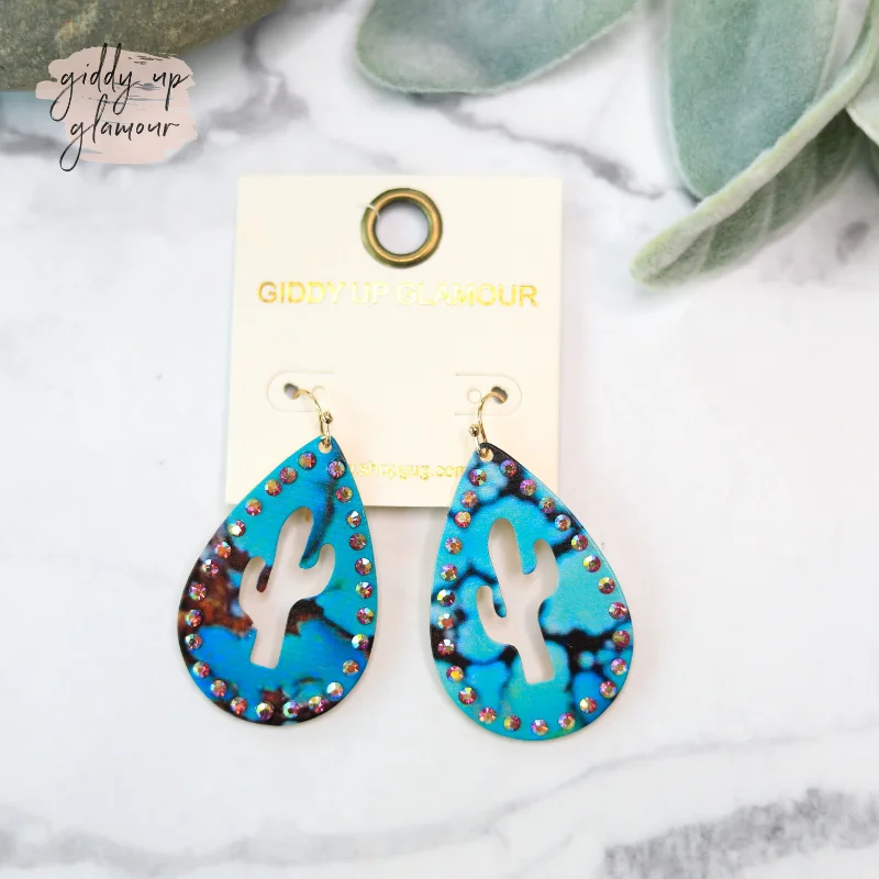 Women’s heart-shaped earrings-Turquoise Teardrop Earrings with Crystal Trim and Cactus Cut Outs