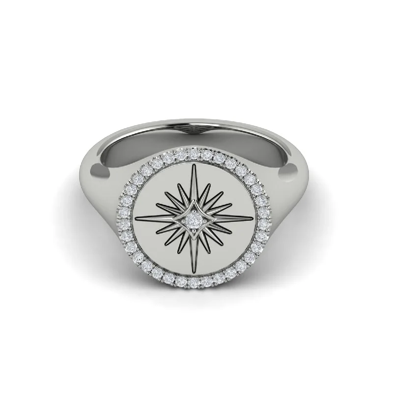 Center Starburst Diamond and Bezel Signet Ring