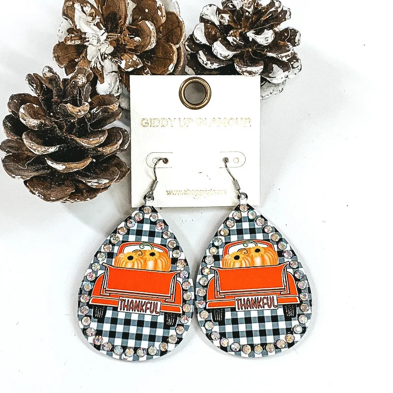 Women’s cubic zirconia earrings-Thankful Fall Teardrop Earrings in White Buffalo Plaid