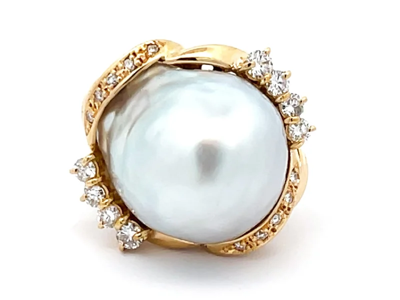 Women’s rose gold engagement rings-Large Silver Baroque Pearl and Diamond Vintage Ring in 18K Yellow Gold