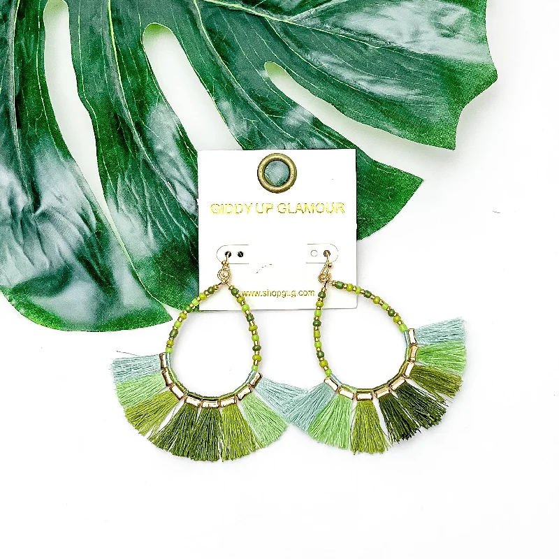 Women’s triangular earrings-Beaded Open Teardrop Earrings With Fringe Bottom in Green Tones