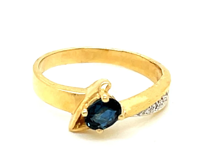 Women’s oval rings-Blue Oval Sapphire and Diamond Lightning Bolt Ring in 14k Yellow Gold