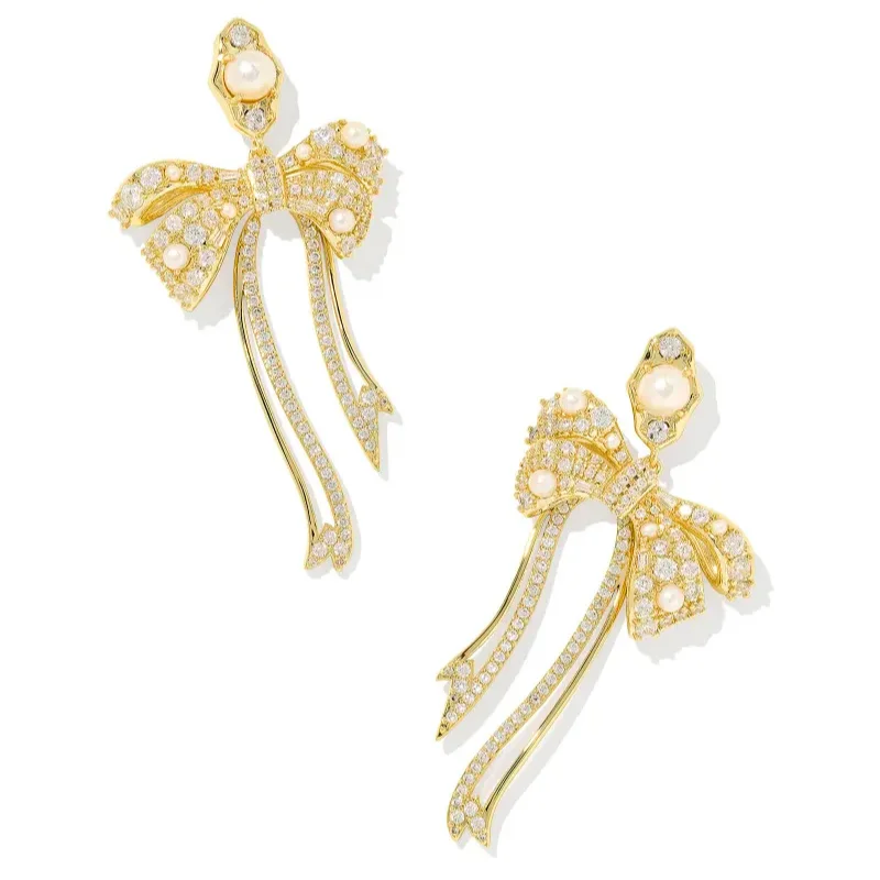 Women’s fashion drop earrings-Kendra Scott | Krista Gold Bow Statement Earrings in White Mix