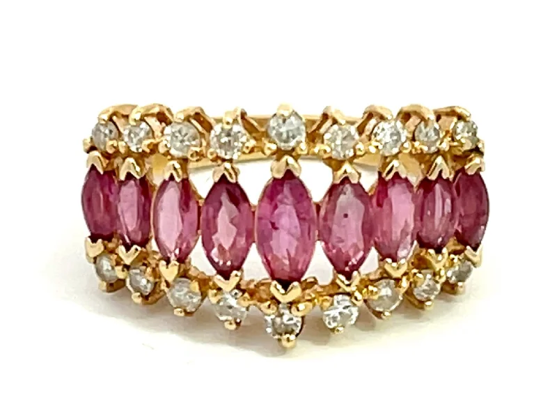 Women’s oval gemstone rings-Marquise Ruby and Diamond Border Triple Row Ring in 14k Yellow Gold