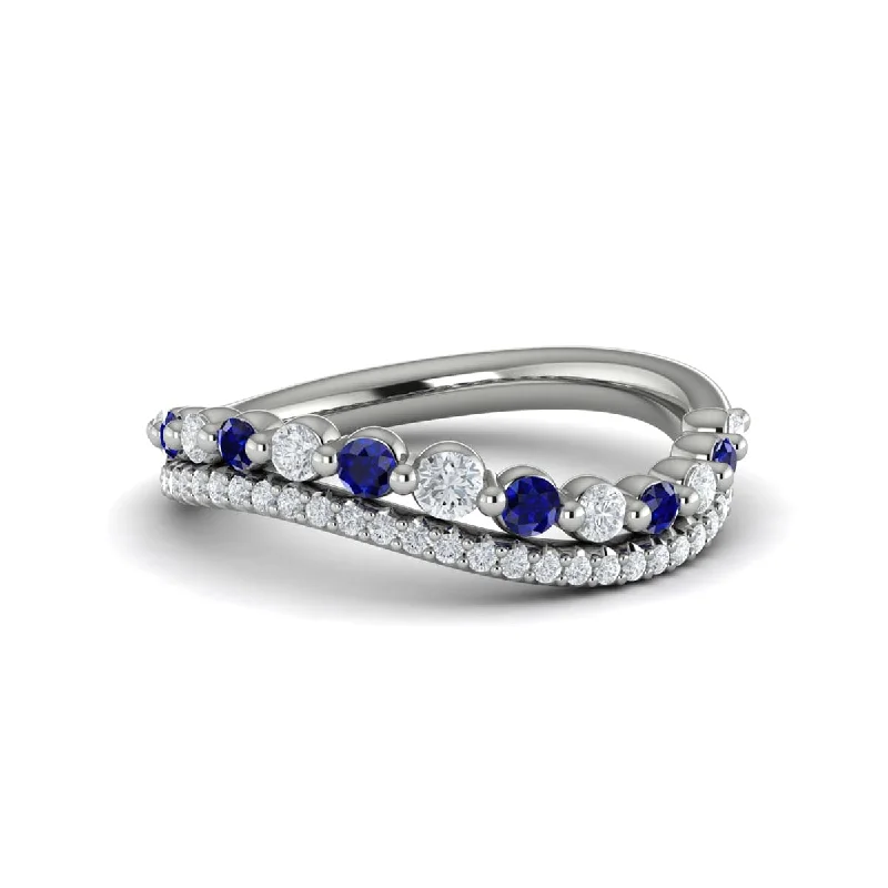 Diamond and Blue Sapphire Two Row Curved Ring