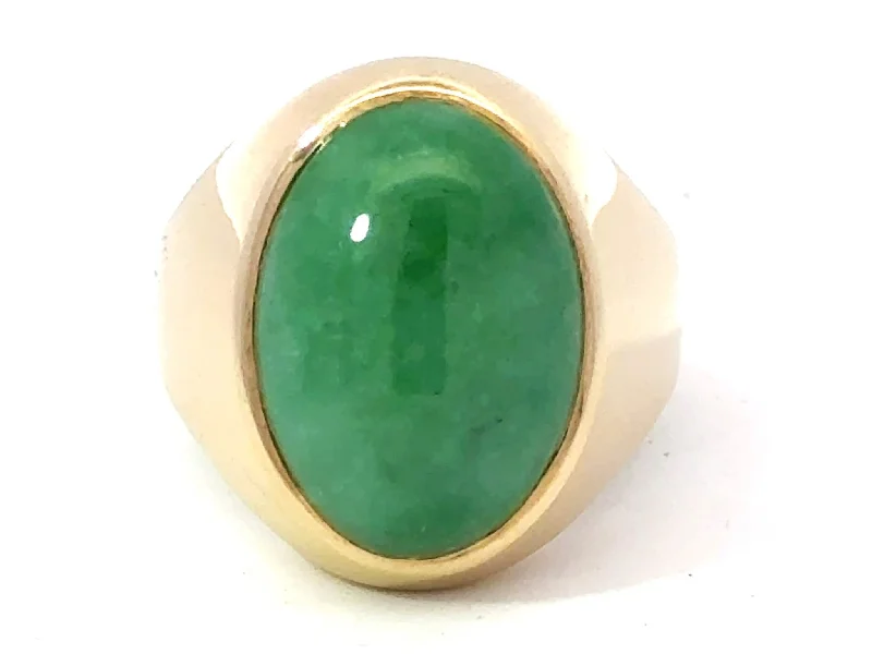 Women’s wedding ring sets-Oval Cabochon Green Jade Ring 14K Yellow Gold