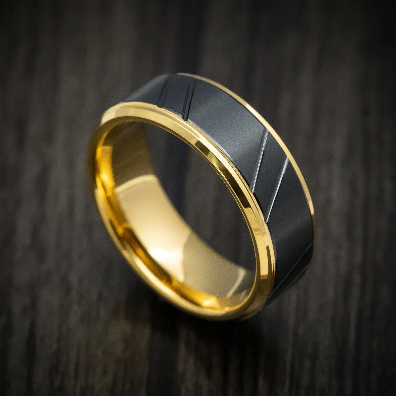 Yellow Gold Tungsten Men's Ring with Black Tungsten Inlay