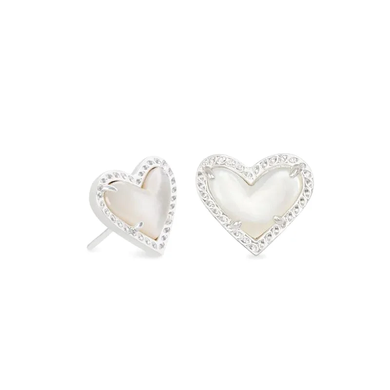 Women’s stacking earrings-Kendra Scott | Ari Heart Silver Stud Earrings in Ivory Mother of Pearl