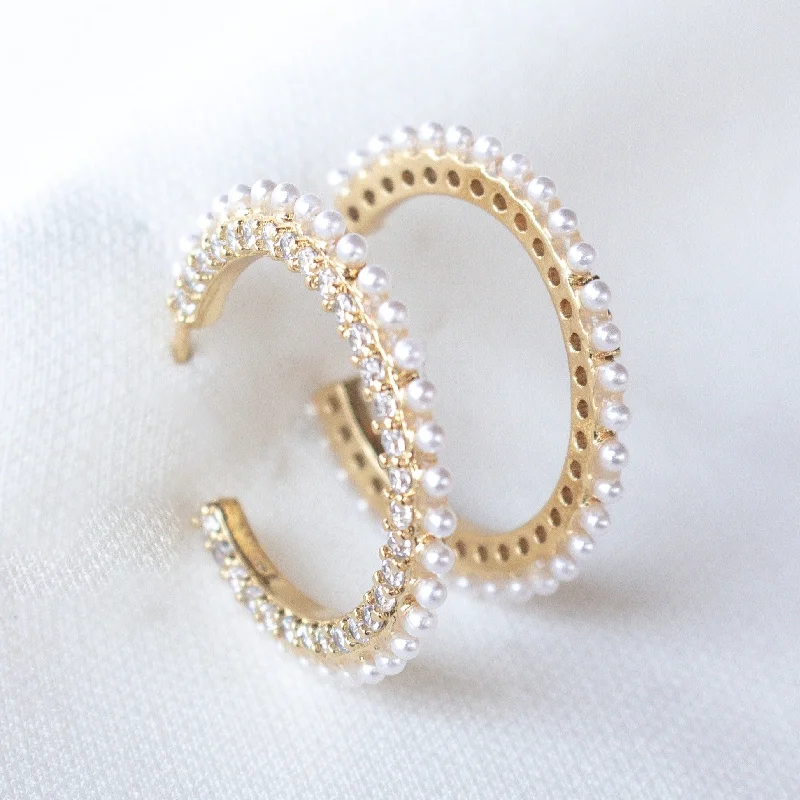 Women’s cute earrings-Kinsey Designs | Whit Thin Gold Tone Hoop Earrings with Pearl and CZ Crystal Accented Border