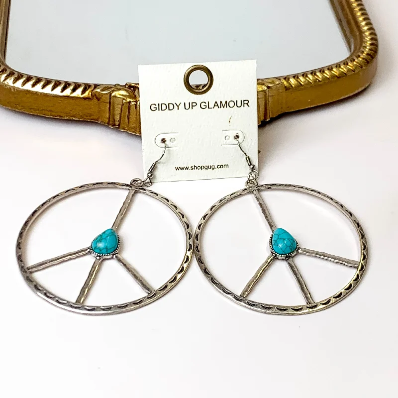 Women’s fashion drop earrings-Silver Tone Etched Peace Sign Drop Earrings with Faux Turquoise Stone Accent