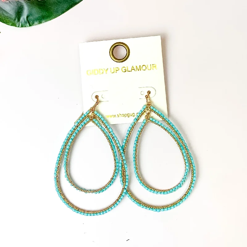 Women’s silver drop earrings-Double Open Teardrop Gold Tone Earrings with Beaded Outline in Turquoise Blue