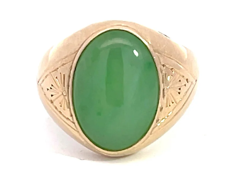 Women’s halo engagement rings-Oval Cabochon Green Jade Ring with Triangle Design Shoulders in 14K Yellow Gold