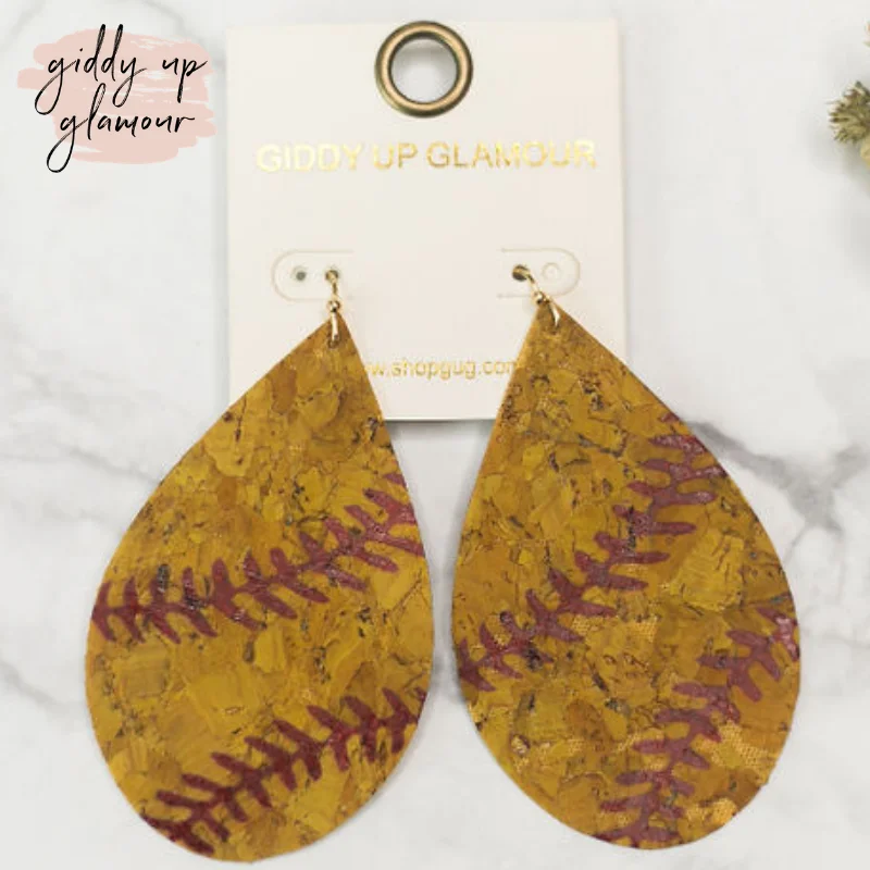 Women’s gold stud earrings-Softball Cork Teardrop Earrings