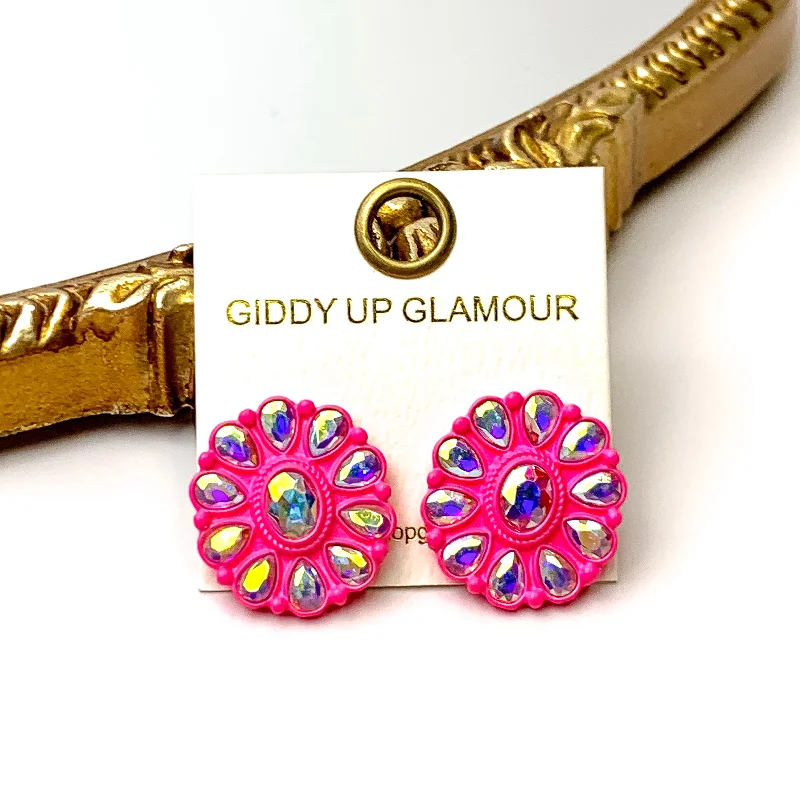 Women’s halo earrings-Prismatic Petal AB Stone Flower Concho Stud Earrings in Neon Pink