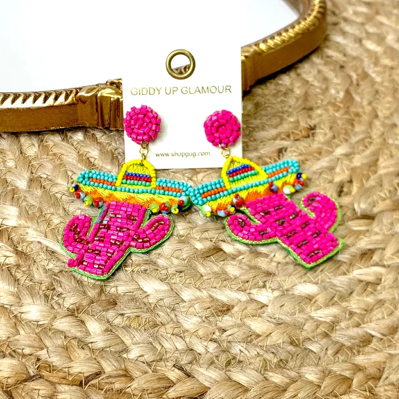 Women’s pearl stud earrings-Beaded Cactus Earrings with a Sombrero in Pink