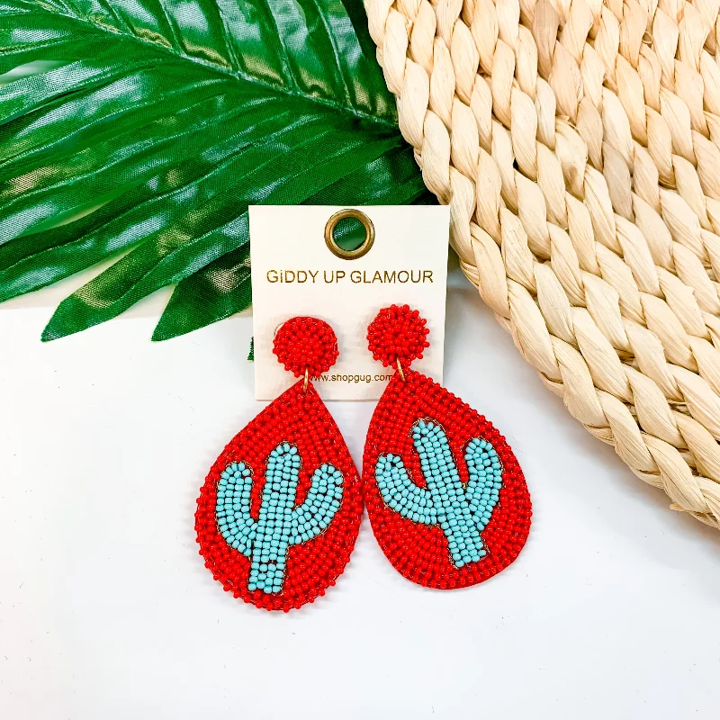 Women’s diamond earrings-Lookin' Sharp Seed Bead Cactus Teardrop Earrings In Red and Turquoise