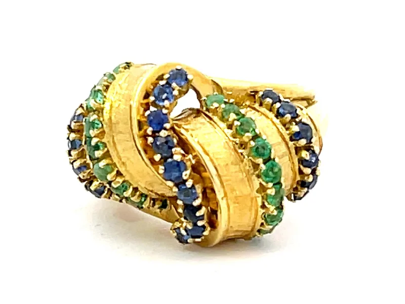 Women’s stylish rings-Alternating Sapphire and Emerald Rows Vintage Ring in 18k Yellow Gold