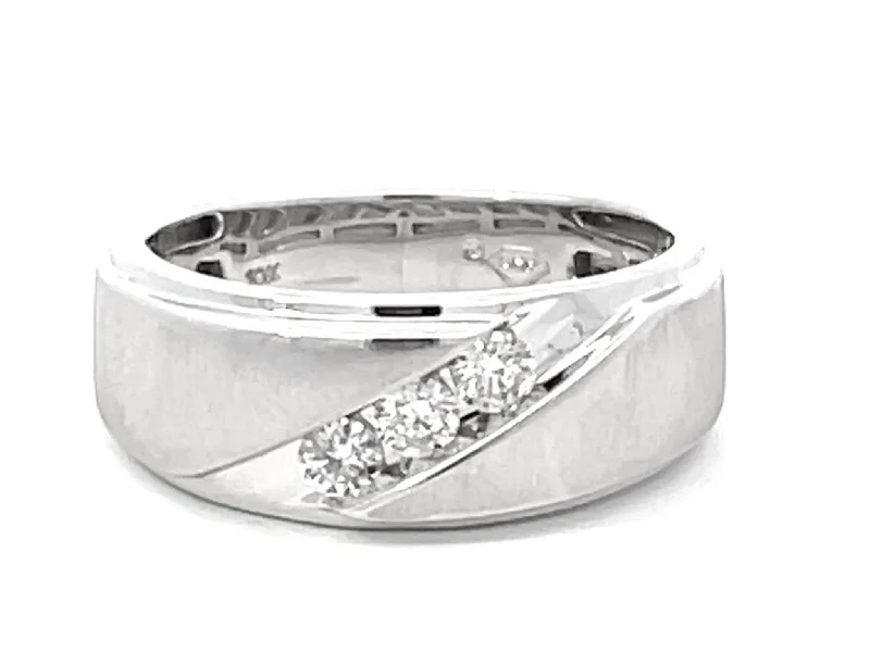 Women’s geometric rings-Mens Matte and High Polish Finish Diamond Band Ring 10k White Gold