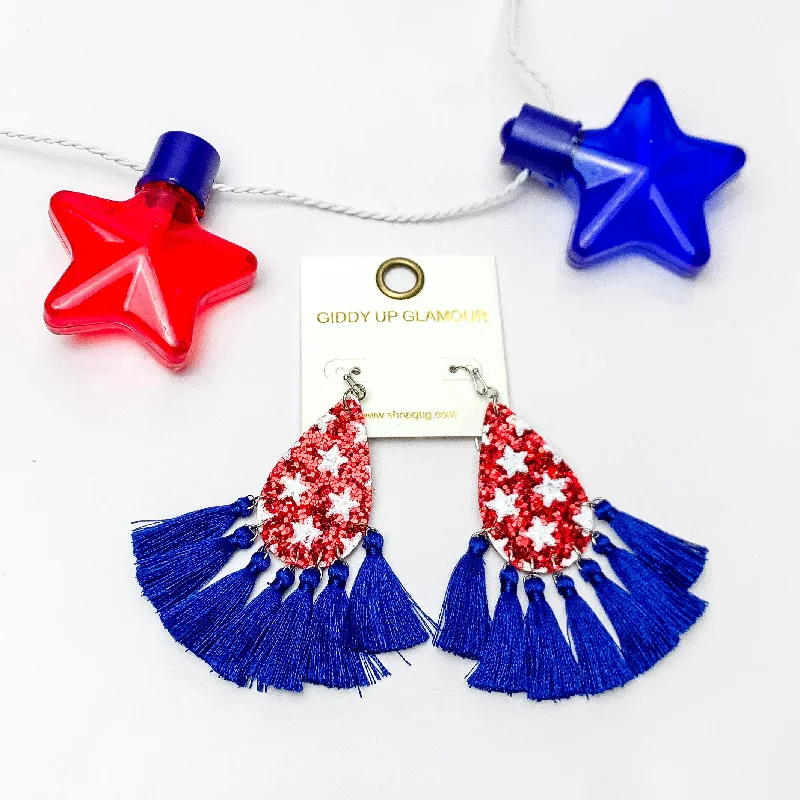 Women’s layered stud earrings-USA Red Sparkly Teardrop Earrings With Blue Tassels