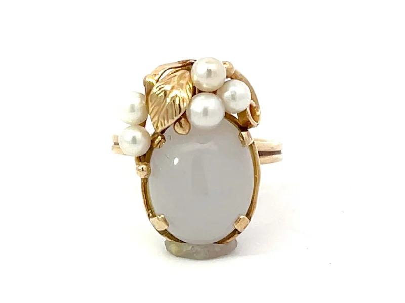 Women’s promise rings-Mings Hawaii Oval Cabochon White Jade Pearl Leaf Ring 14k Yellow Gold