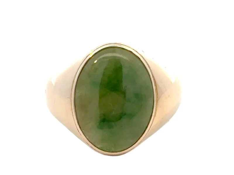 Women’s classic engagement rings-Oval Mottled Green Jade Ring 14K Yellow Gold